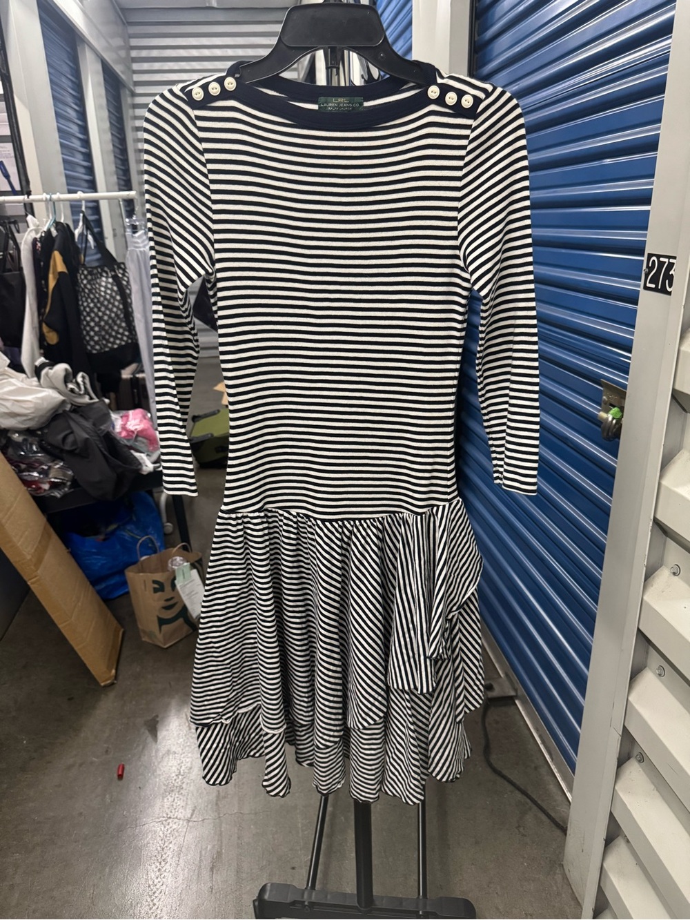 Ralph Lauren Navy &white striped dress with ruffle skirt. Size MEDIUM